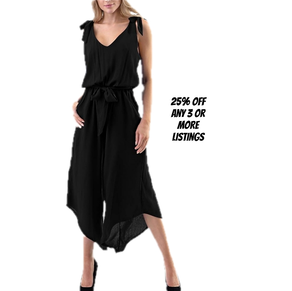 Elegant Black Jumpsuit Size XXL Bow Tie Straps Asymmetrical Pockets Overalls